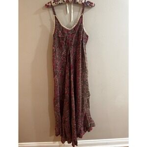 Paisley Print Maxi Dress Lace Trim Spaghetti Straps Ruffle Hem White Wave Medium